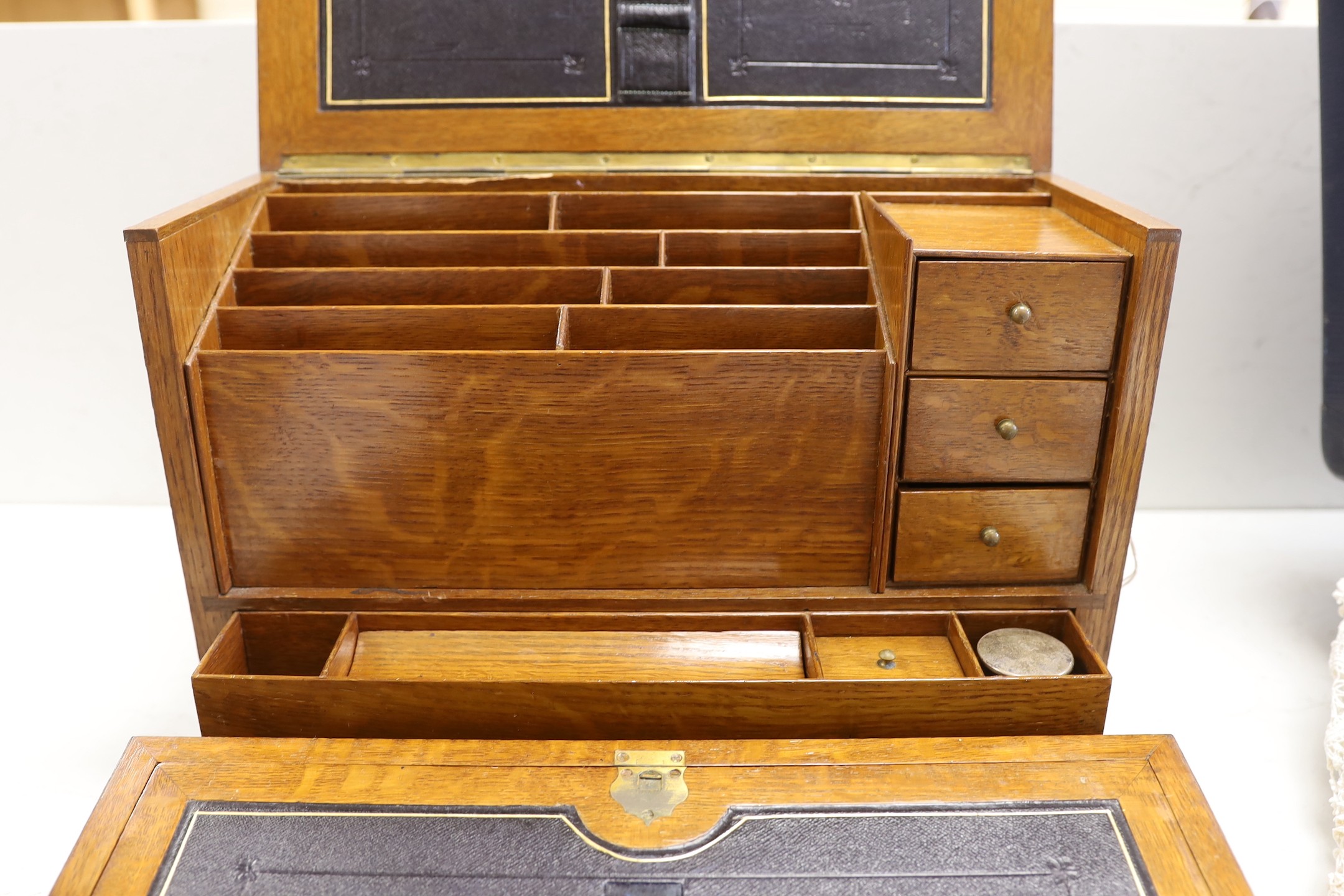 A Victorian oak stationary box/ writing slope